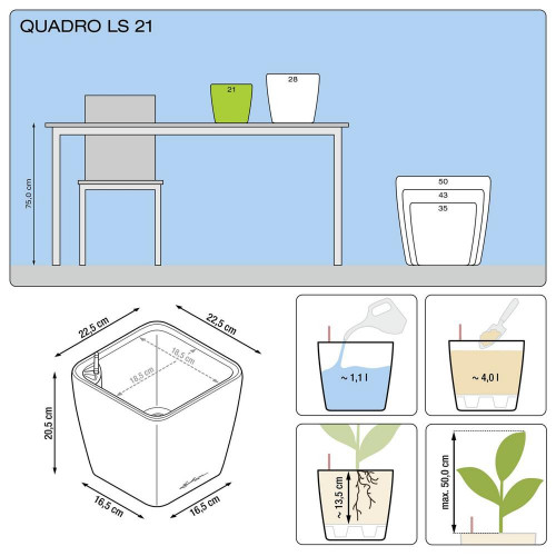 Pot Quadro Premium LS 21 - kit complet, blanc brillant 21 cm - LECHUZA