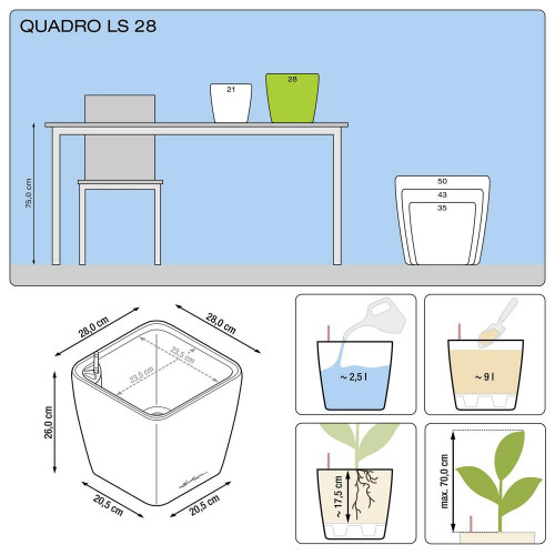 Pot Quadro Premium LS 28 - kit complet, blanc brillant 28 cm - LECHUZA