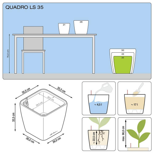 Pot Quadro Premium LS 35 - kit complet, blanc brillant 35 cm - LECHUZA