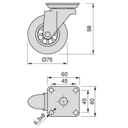 Kit de 4 roulettes transparentes Slip D. 75 mm avec plétine de montage et roulements à billes - EMUCA