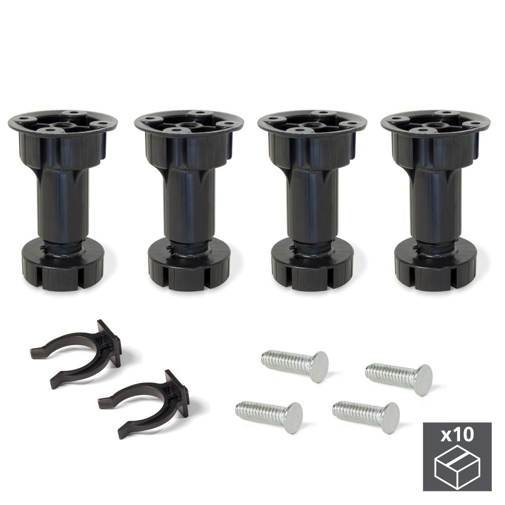 Lot de 10 kits de 4 pieds Bone réglables H100 mm en plastique noir