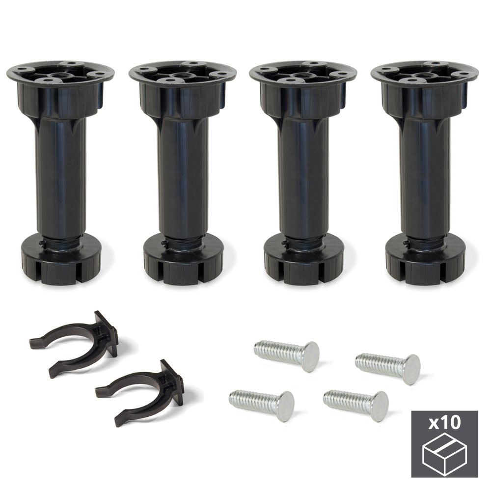 Lot de 10 kits de 4 pieds Bone réglables H150 mm en plastique noir