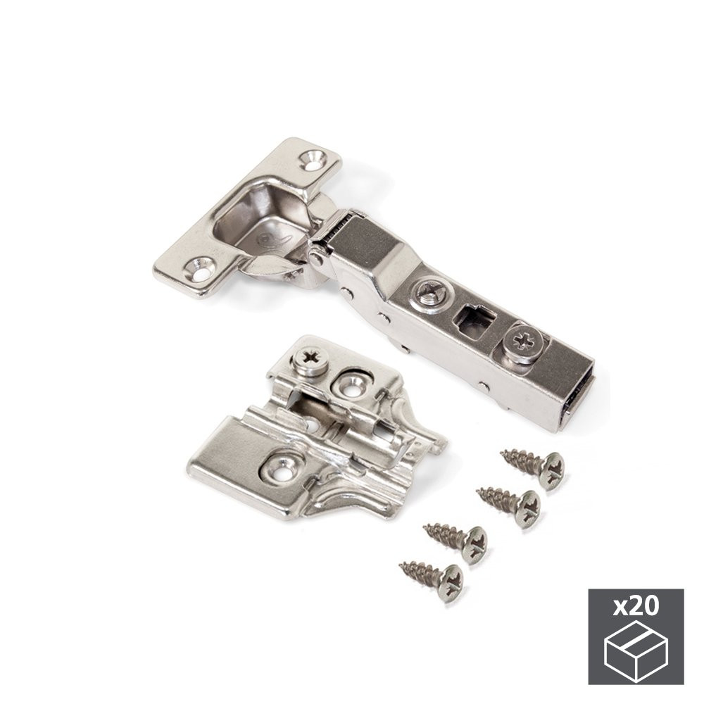 Lot de 20 charnières coudées pour montage en applique X91 avec fermeture amortieet embases avec régl