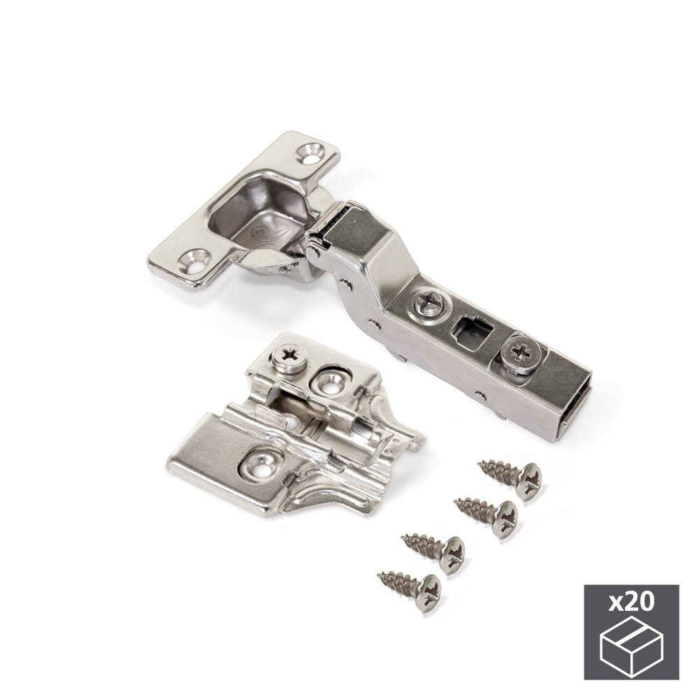 Lot de 20 charnières coudées pour montage rentrant X91 avec fermeture amortie et embases avec réglag