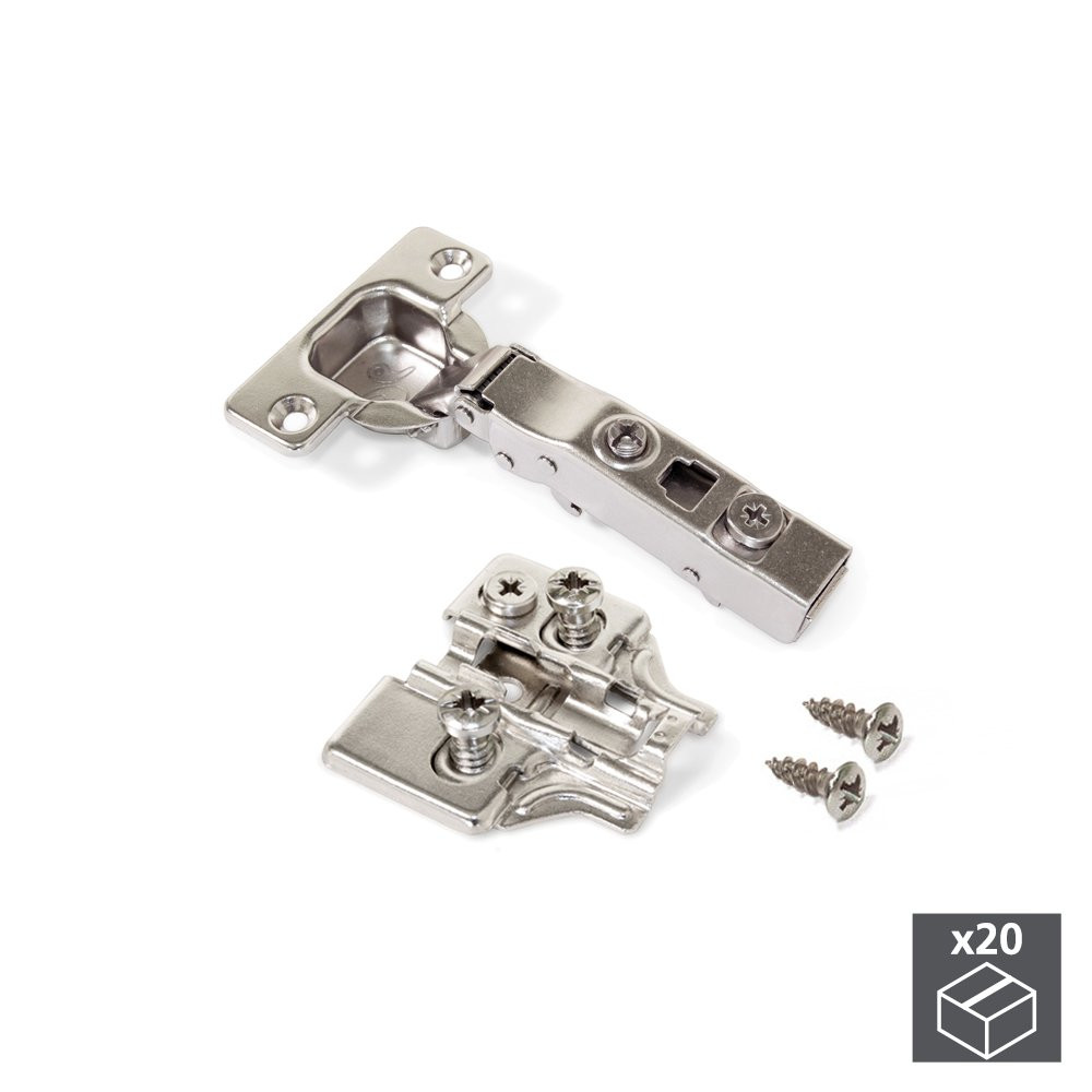 Lot de 20 charnières droites X91 avec fermeture amortie et embases Eurovis avec réglage excentrique