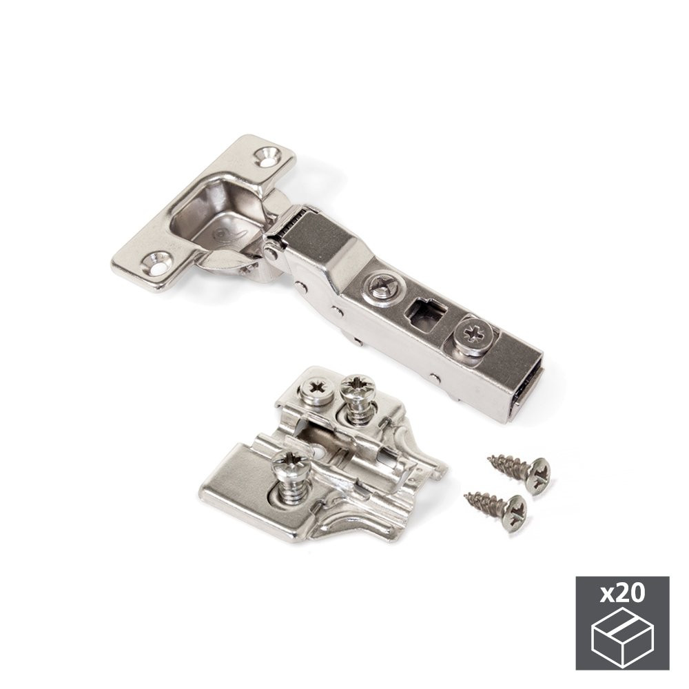 Lot de 20 charnières coudées pour montage en applique X91 avec fermeture amortie et embases Eurovis 
