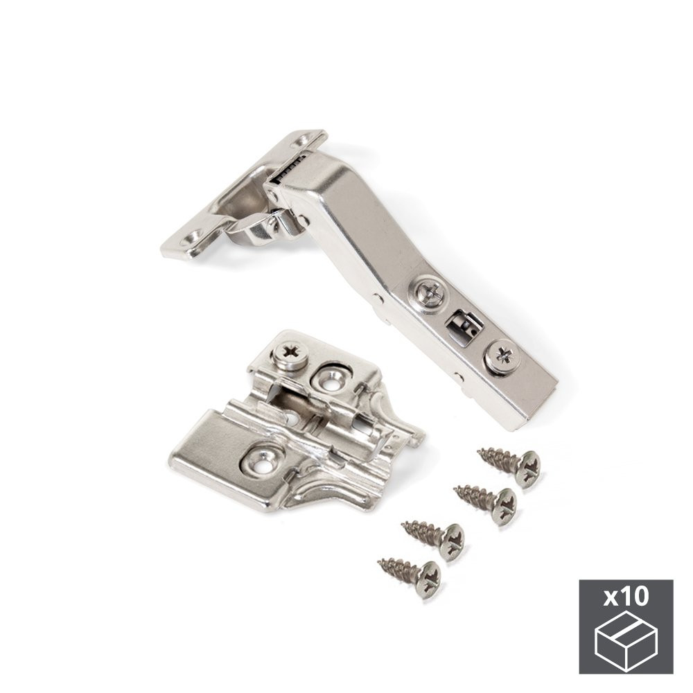 Lot de 10 charnières courbées 45º X91 avec fermeture amortie et embases avec réglage excentrique à v