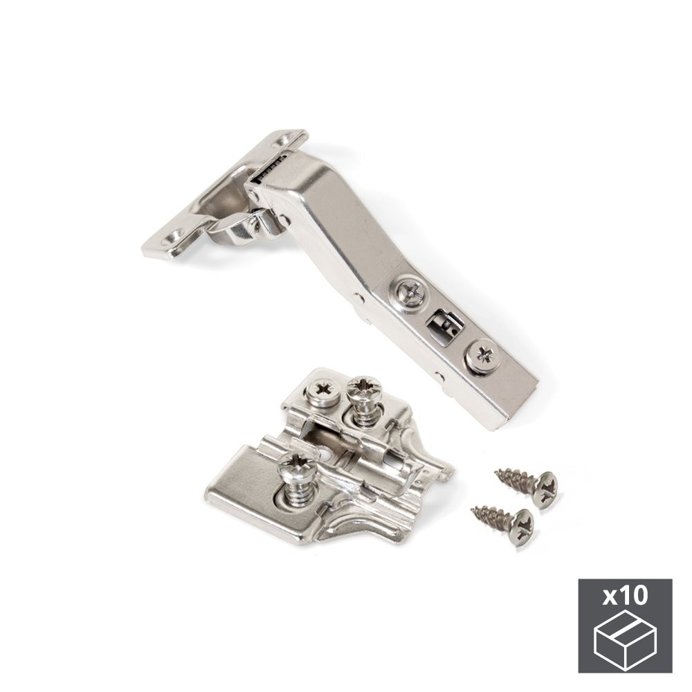 Lot de 10 charnières courbées 45º X91 avec fermeture amortie et embases Eurovis avec réglage excentr