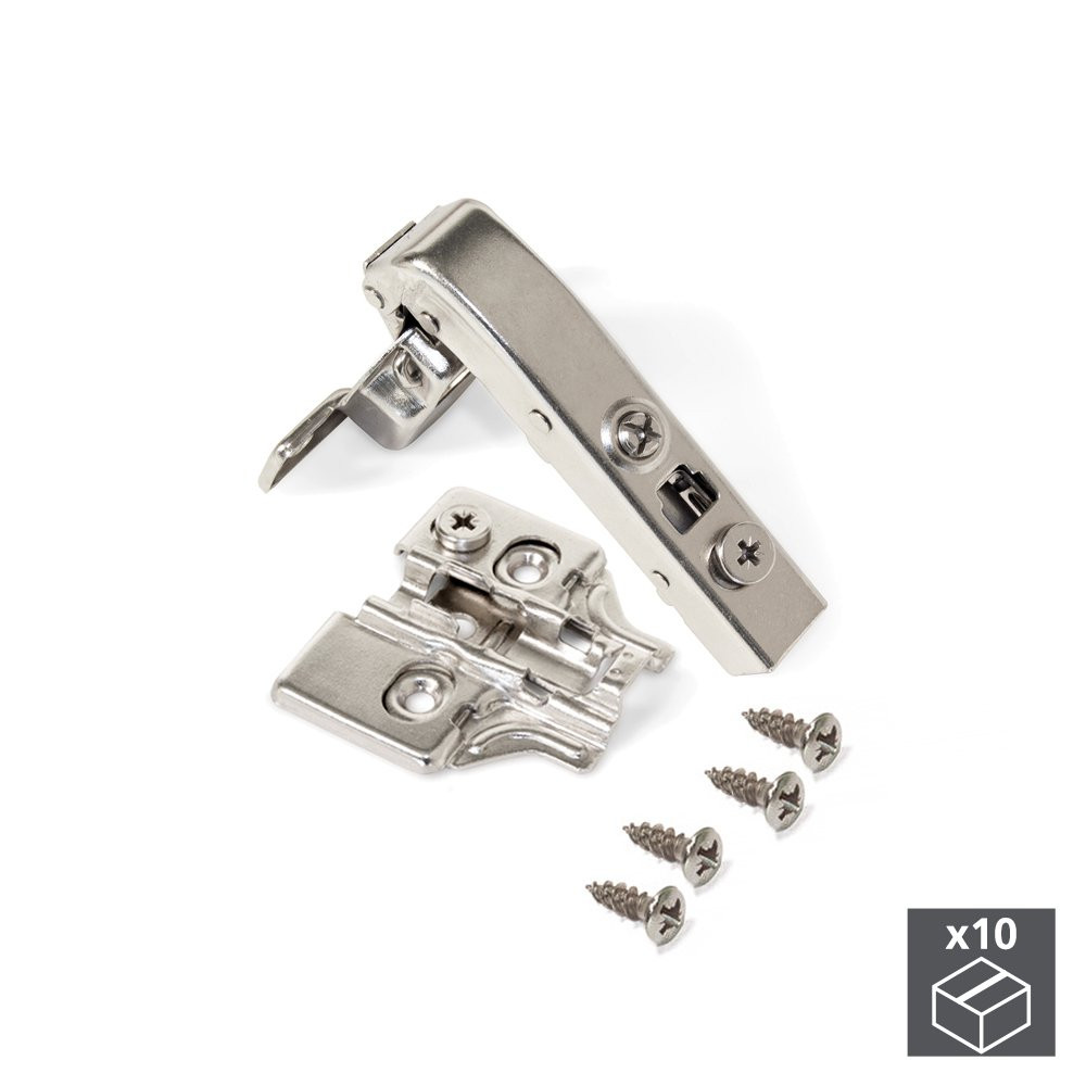 Lot de 10 charnières courbées 90º X91 avec fermeture amortie et embases avec réglage excentrique à v