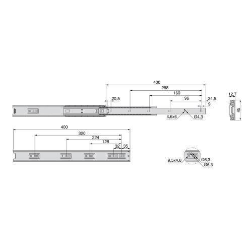 Paire de coulisses à billes pour tiroir à sortie totale 45 mm x L 400 mm - EMUCA