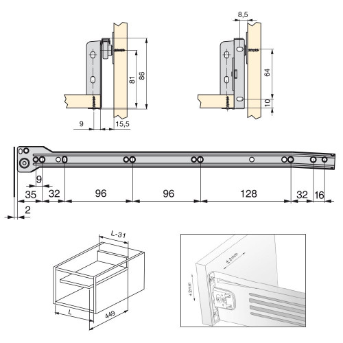 Kit de tiroir Ultrabox hauteur 86 mm et profondeur 450 mm finition gris métallisé - EMUCA