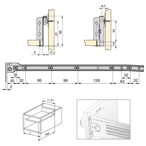 Kit de tiroir Ultrabox hauteur 86 mm et profondeur 500 mm finition gris métallisé - EMUCA