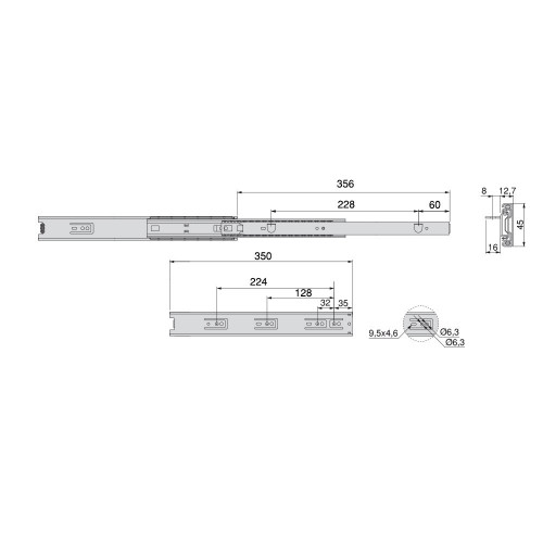 Paire de coulisses à billes pour tiroir à sortie totale 45 mm x L 350 mm avec équerres - EMUCA