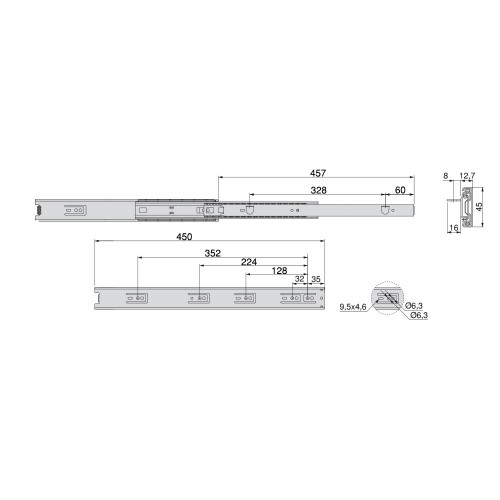 Paire de coulisses à billes pour tiroir à sortie totale 45 mm x L 450 mm avec équerres - EMUCA