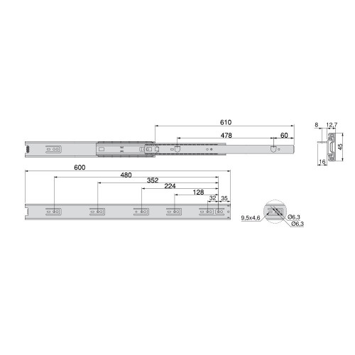 Paire de coulisses à billes pour tiroir à sortie totale 45 mm x L 600 mm avec équerres - EMUCA