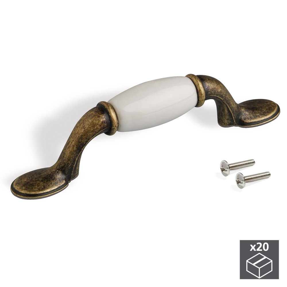 Lot de 20 poignées pour meuble Papua en zamak et céramique finition bronze avec entraxe 76 mm