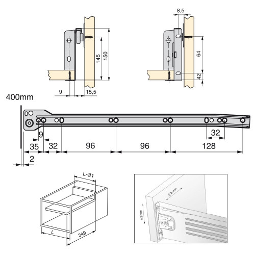 Lot de 10 kits de tiroir Ultrabox hauteur 150 mm et profondeur 400 mm finition gris métallisé - EMUCA