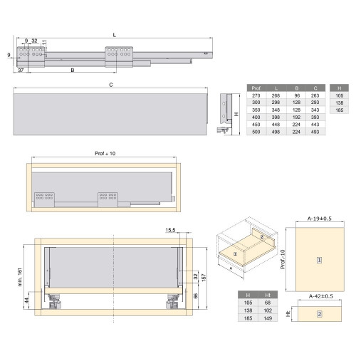 Kit de tiroir Concept hauteur 138 mm et profondeur 500 mm finition gris anthracite - EMUCA