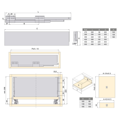 Kit de tiroir Concept hauteur 185 mm et profondeur 500 mm finition gris anthracite - EMUCA