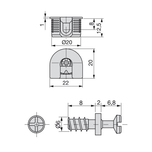 Lots de 20 kits de ferrures d'assemblage Fix D. 20 x 12,5 mm et goujons D. 6 x 8 mm - EMUCA