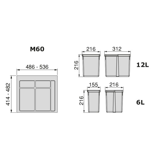 Kit de poubelles à base Recycle pour tiroir de module 600 mm 12 L, 6 L, 6L - EMUCA