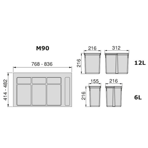 Kit de poubelles à base Recycle pour tiroir de module 900 mm 12 L, 6 L, 6L - EMUCA