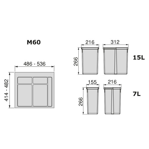 Kit de poubelles à base Recycle pour tiroir de module 600 mm 15L, 7L, 7L - EMUCA