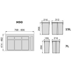 Kit de poubelles à base Recycle pour tiroir de module 900 mm 15L, 7L, 7L - EMUCA