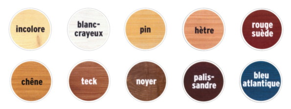 Couleur dispo : incolore, blanc crayeux, pin, hètre, rouge suède, chêne, teck, noyer, palissandre, bleu atlantique