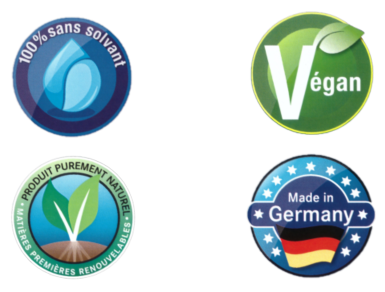 Logo 100% sans solvant, huiles naturelles, convient aux jouets, produit purement naturel, made in Germany, Végan