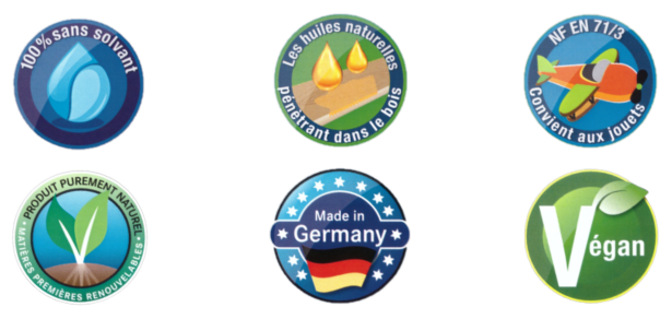 Logo 100% sans solvant, huiles naturelles, convient aux jouets, produit purement naturel, made in Germany, Végan