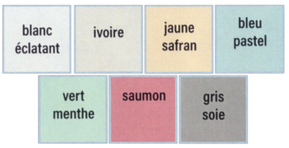 Couleurs disponibles : blanc éclatant, ivoir, jaune safran, bleu pastel, vert menthe, saumon, gris soie.